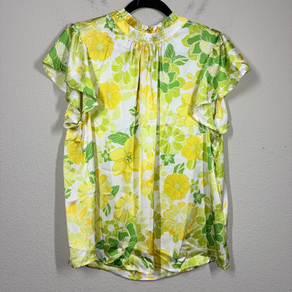 Emily Wonder Large Shirt Blouse Yellow Floral Ruffled Neckline Flutter Sleeves